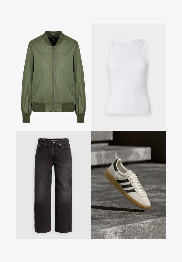 Olivengrüne Bomberjacke aus glänzendem Material, mit einem Reißverschluss vorne, gerippten Bündchen und einem taillierten Bund, sowie diskreten Seitentaschen.; Weißes, geripptes Tanktop mit Rundhalsausschnitt und ärmellosem Design. Das Material wirkt glatt und hat eine figurbetonte Silhouette. Es sind keine sichtbaren Muster oder Akzente vorhanden.; Levi's® BAGGY DAD - Baggy Jeans - shrink up; Weißer Adidas Spezial Sneaker mit schwarzen Streifen und Kautschuksohle, der über grauen Steinstufen im Freien schwebt.