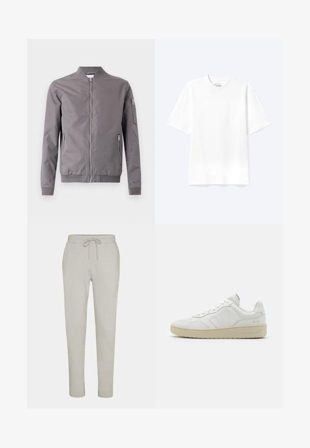 Veste bomber grise en tissu lisse. Elle dispose d'une fermeture éclair à l'avant, de poches latérales et d'une poche zippée sur le bras. Poignets et ourlet côtelés.; T-shirt blanc uni à manches courtes et col rond avec une coupe décontractée, présenté sur un fond clair.; Pantalons de survêtement en coton gris clair avec une taille à cordon de serrage, des jambes fuselées et des poignets côtelés. Texture lisse, design simple, sans motifs ni accents.; Baskets en cuir blanc avec une finition texturée et un col rembourré. Elles sont dotées d'une semelle en caoutchouc beige et d'une discrète branding sur le talon et le côté.