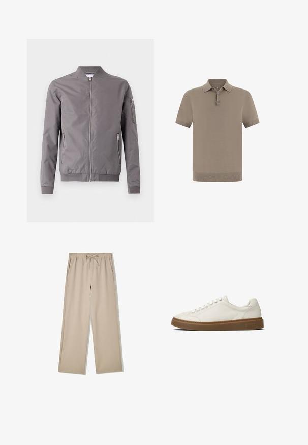 Veste bomber grise en tissu lisse. Elle dispose d'une fermeture éclair à l'avant, de poches latérales et d'une poche zippée sur le bras. Poignets et ourlet côtelés.; Polo couleur taupe avec une finition texturée, manches courtes et col. Comprend une patte de boutonnage à trois boutons et des poignets côtelés.; Pantalon beige à jambes larges avec taille élastique et cordon de serrage, doté de poches latérales, posé à plat sur fond blanc.; Baskets en cuir blanc avec un bout arrondi, une semelle plate en caoutchouc marron et un design à six œillets avec lacets. Présentent des coutures discrètes et un logo sur le talon.