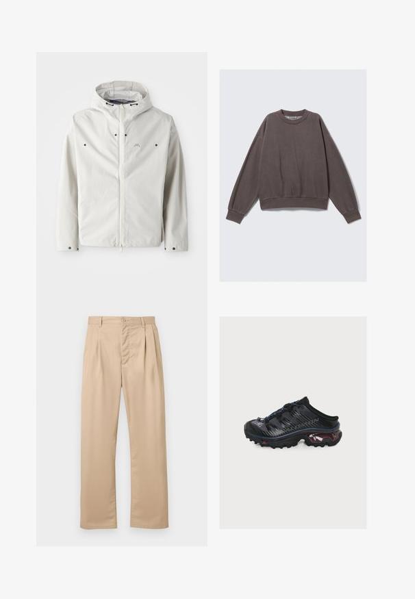Lichtgewicht witte jas met capuchon, ritsluiting en zwart accentknopen. Glad textuur met een subtiel gestreept patroon. Minimale branding.; Grijze sweatshirt met een ronde halslijn, verlaagde schouders en ribgebreide boorden. Gemaakt van zacht materiaal, met een relaxte pasvorm en subtiele stiksels.; Beige broek met rechte pijpen, voorklappen, knoopsluiting, riemlussen en een gladde, kreukvrije stofafwerking.; Zwart en donkerpaarse atletische instapschoen met dikke profielzool en snelvetersluiting, zijmerktekst en dempingsdetail.