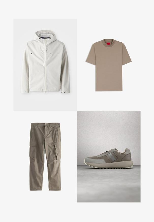 Lichtgewicht witte jas met capuchon, ritsluiting en zwart accentknopen. Glad textuur met een subtiel gestreept patroon. Minimale branding.; Beige T-shirt met korte mouwen en ronde hals, met een rood HUGO-logo label aan de binnenkant van de kraag, vlak uitgespreid op een witte achtergrond.; Khaki cargobroek met ceintuurlussen, ritszakken aan de voorkant, zijzakken met drukknoopsluiting en een rechtgesneden pijp.; Beige leren sneakers met een gladde textuur en grijze suede accenten. Voorzien van een gevoerde zool en een minimalistisch ontwerp. Calvin Klein branding zichtbaar.