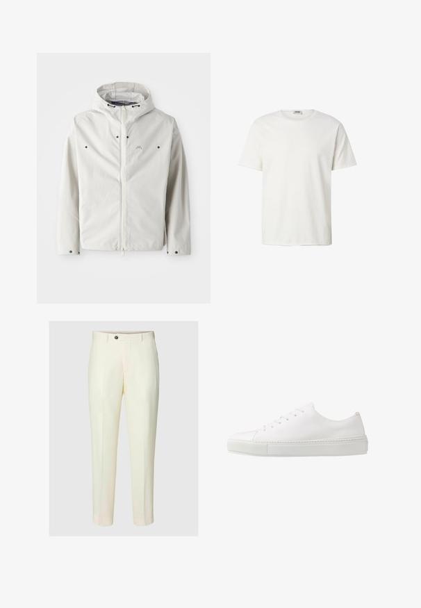 Chaqueta blanca ligera con capucha, cierre de cremallera y botones de acento negros. Textura suave con un sutil patrón de rayas. Branding mínimo.; Camiseta blanca lisa de manga corta con cuello redondo, mostrada sobre un fondo blanco, con la marca Drykorn en la etiqueta del interior del cuello.; Pantalones a medida color crema con cierre de botones y bolsillos laterales, mostrados sobre un fondo liso.; Zapatilla blanca de cuero con un acabado suave, puntera redonda y seis ojales para los cordones. Cuenta con una suela de goma texturizada y un diseño minimalista.