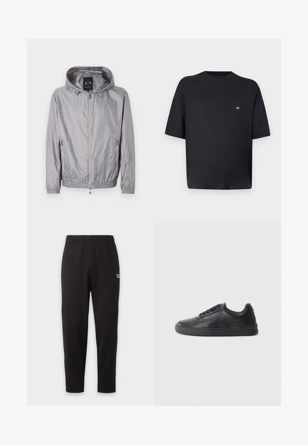 Veste à capuche zippée gris clair avec un motif en relief subtil, deux poches latérales zippées, des poignets élastiques, et une étiquette Armani Exchange à l'intérieur du col.; T-shirt noir oversize à manches courtes avec petit logo blanc sur le côté gauche de la poitrine, présenté sur un fond gris clair.; Pantalon de survêtement noir à taille élastique, jambes fuselées, avec un petit logo blanc sur la partie supérieure de la cuisse gauche.; Chaussure de sport en cuir noir avec une finition lisse, bout arrondi, panneau latéral texturé et lacets noirs. Présente une semelle en caoutchouc plate et un design minimaliste.