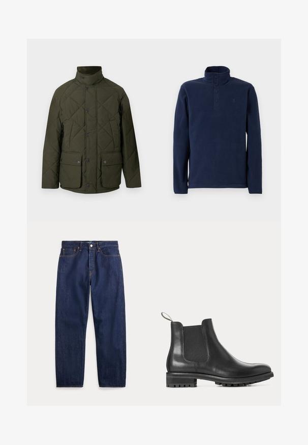 Veste matelassée verte avec un col montant, des boutons sur le devant, et deux grandes poches à rabat avec fermetures à pression. Le tissu a une texture lisse.; Pull polaire bleu marine avec un col montant et une patte de boutonnage à quatre boutons. Comprend des manches longues et un petit logo sur la poitrine. Texture douce.; Jean en denim bleu foncé avec jambes droites, cinq poches, fermeture par bouton et coutures visibles.; Bottine Chelsea en cuir noir avec panneaux élastiques sur les côtés, languette à l’arrière, semelle en caoutchouc rainurée et petit talon, vue de profil.