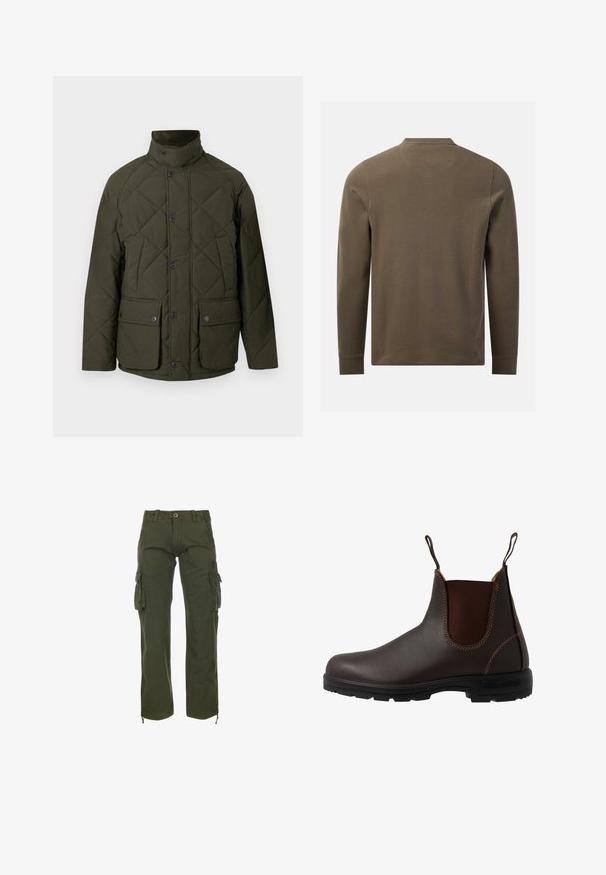 Veste matelassée verte avec un col montant, des boutons sur le devant, et deux grandes poches à rabat avec fermetures à pression. Le tissu a une texture lisse.; Chemise texturée vert olive à manches longues, vue de dos avec un col rond et des poignets simples sur fond blanc.; Pantalons cargo verts en tissu de coton. Dotés de plusieurs poches latérales, d'une fermeture à bouton et de liens ajustables à la cheville. Style décontracté, coupe ample.; Botte Chelsea en cuir marron avec panneau latéral élastique, coutures marron, languettes de tirage, et une semelle en caoutchouc durable avec un motif texturé.