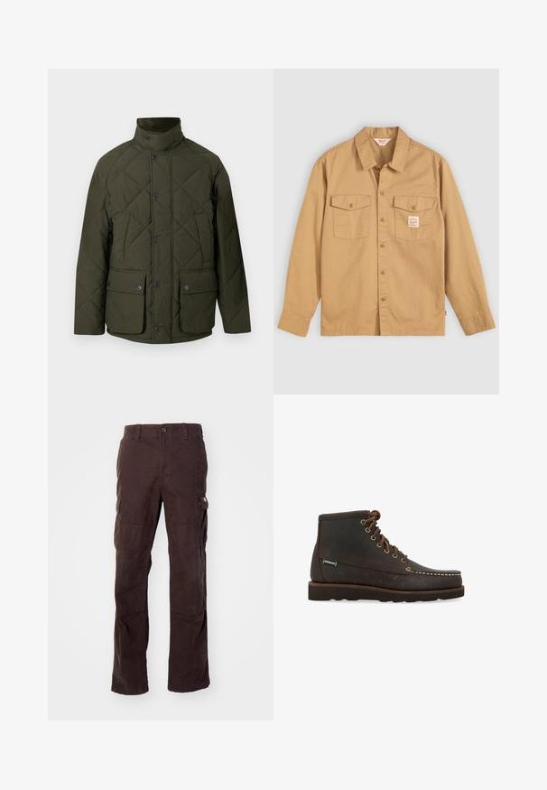 Veste matelassée verte avec un col montant, des boutons sur le devant, et deux grandes poches à rabat avec fermetures à pression. Le tissu a une texture lisse.; Chemise beige à manches longues, avec deux poches sur la poitrine et une petite étiquette. Fabriquée en coton avec une texture lisse et un design de col classique.; Pantalons cargo marron en tissu coton résistant, dotés de poches latérales, d'une coupe décontractée et de jambes droites avec des détails de couture visibles.; Sebago Bottines à lacets - marrone
