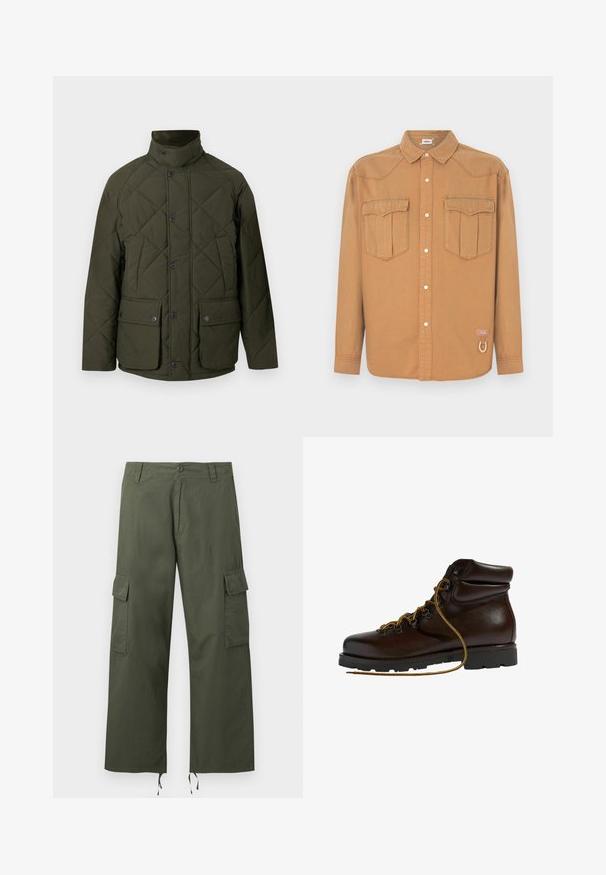Veste matelassée verte avec un col montant, des boutons sur le devant, et deux grandes poches à rabat avec fermetures à pression. Le tissu a une texture lisse.; Chemise en denim marron avec deux poches poitrine, col pointu, devant boutonné et coutures contrastées. Présente un patch logo et un détail boucle.; Pantalon cargo vert olive avec poches latérales à rabat, fermeture par boutons, passants de ceinture et cordons ajustables aux larges ourlets des jambes.; Bottine de randonnée en cuir marron avec un bout arrondi, surface texturée, lacets jaunes et œillets en métal. Dotée d'une semelle en caoutchouc noir robuste.