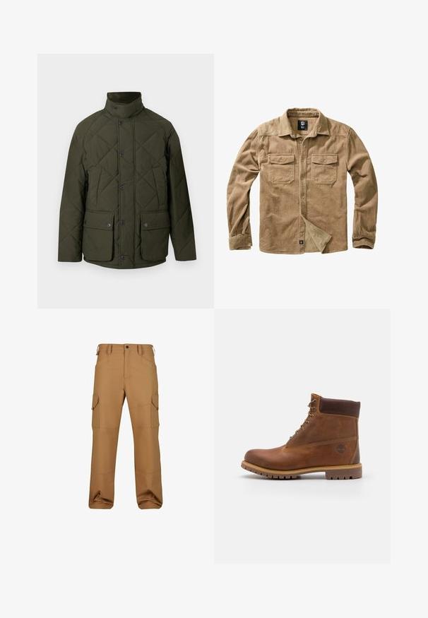 Veste matelassée verte avec un col montant, des boutons sur le devant, et deux grandes poches à rabat avec fermetures à pression. Le tissu a une texture lisse.; Chemise en velours côtelé beige à manches longues, fermeture à boutons, deux poches sur la poitrine et texture côtelée subtile. Présente une étiquette de marque en bas.; Pantalons cargo marron en tissu durable, dotés de plusieurs poches, d'une coupe décontractée et de détails de couture renforcée.; Botte de randonnée en cuir marron avec une finition lisse, cheville rembourrée, œillets en métal et semelle en caoutchouc dotée d'un motif de crampons robuste.