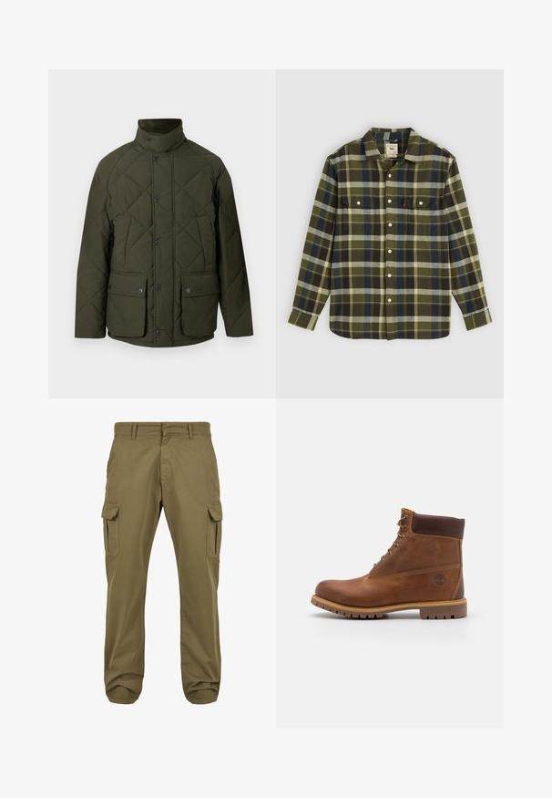 Veste matelassée verte avec un col montant, des boutons sur le devant, et deux grandes poches à rabat avec fermetures à pression. Le tissu a une texture lisse.; Chemise en flanelle à carreaux verts avec manches longues, dotée de deux poches poitrine et de boutons blancs. Le matériau a une texture douce et un design décontracté.; Pantalons cargo verts avec une coupe droite, en coton, dotés de poches latérales et d'une fermeture à bouton pour plus de fonctionnalité. Texture lisse, design décontracté.; Botte de randonnée en cuir marron avec une finition lisse, cheville rembourrée, œillets en métal et semelle en caoutchouc dotée d'un motif de crampons robuste.