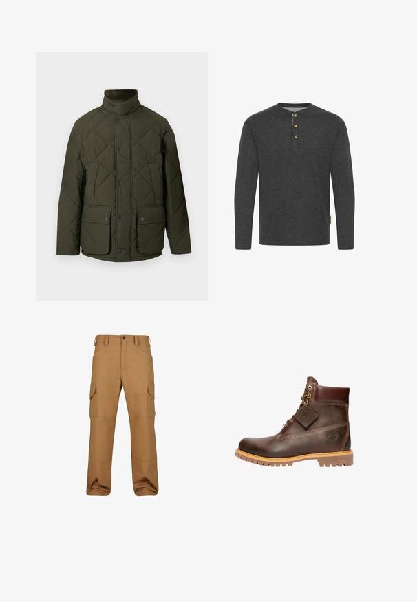 Veste matelassée verte avec un col montant, des boutons sur le devant, et deux grandes poches à rabat avec fermetures à pression. Le tissu a une texture lisse.; Chemise à manches longues gris foncé en tissu doux, dotée d'un col henley avec trois boutons en bois et d'une étiquette sur le côté.; Pantalons cargo marron en tissu durable, dotés de plusieurs poches, d'une coupe décontractée et de détails de couture renforcée.; Bottine en cuir marron avec un bout rond, une semelle robuste, des éléments en doré et un dessus texturé. Comprend une étiquette de logo attachée.