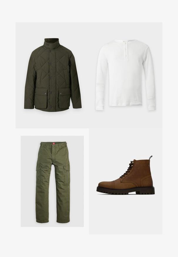 Veste matelassée verte avec un col montant, des boutons sur le devant, et deux grandes poches à rabat avec fermetures à pression. Le tissu a une texture lisse.; T-shirt thermique blanc à manches longues avec col rond et patte de boutonnage à trois boutons, présenté à plat sur fond clair.; Pantalons cargo vert olive en tissu durable, dotés de poches latérales, d'une fermeture à bouton et d'une coupe droite.; Botte de cheville en cuir marron à lacets avec semelle crantée noire épaisse et languette, sur fond blanc.