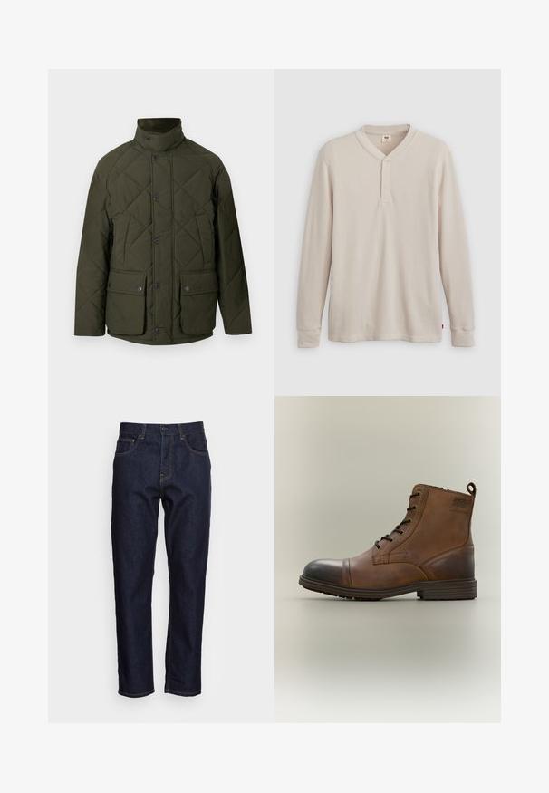 Veste matelassée verte avec un col montant, des boutons sur le devant, et deux grandes poches à rabat avec fermetures à pression. Le tissu a une texture lisse.; T-shirt henley à manches longues en tissu côtelé beige clair, avec un col en V, une patte de boutonnage à trois boutons et des manches à poignets. Étiquette logo rouge à l'ourlet.; Jeans en denim bleu foncé avec une coupe droite, cinq poches et des coutures jaunes contrastées. Conçus avec une fermeture classique à bouton et à glissière.; Botte cheville en cuir marron à lacets avec bout noir, semelle ronde et détail de marque sur le côté sur fond uni.