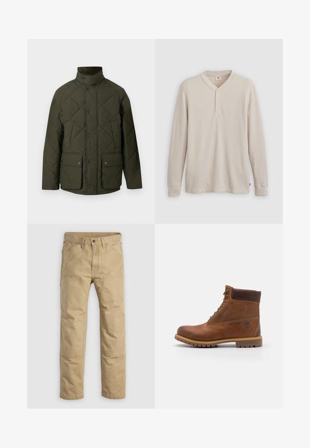 Veste matelassée verte avec un col montant, des boutons sur le devant, et deux grandes poches à rabat avec fermetures à pression. Le tissu a une texture lisse.; T-shirt henley à manches longues en tissu côtelé beige clair, avec un col en V, une patte de boutonnage à trois boutons et des manches à poignets. Étiquette logo rouge à l'ourlet.; Pantalon de travail kaki en coton robuste, doté d'une coupe droite, de renforts aux genoux et de multiples poches avant.; Botte de randonnée en cuir marron avec une finition lisse, cheville rembourrée, œillets en métal et semelle en caoutchouc dotée d'un motif de crampons robuste.