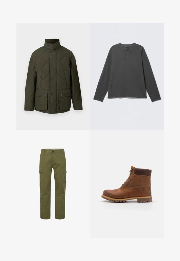 Veste matelassée verte avec un col montant, des boutons sur le devant, et deux grandes poches à rabat avec fermetures à pression. Le tissu a une texture lisse.; Chemise henley à manches longues gris foncé avec un col rond et trois boutons sur la patte de boutonnage avant.; Pantalons cargo en vert olive, avec une coupe droite, des poches avant et latérales, et une fermeture à bouton. Fabriqués en tissu en coton durable.; Botte de randonnée en cuir marron avec une finition lisse, cheville rembourrée, œillets en métal et semelle en caoutchouc dotée d'un motif de crampons robuste.