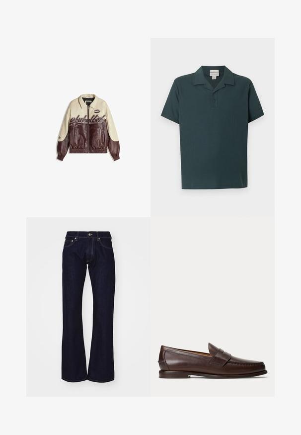 Veste en cuir bicolore avec corps crème et manches bordeaux, logo texte sur le devant, fermeture éclair, poignets et ourlet élastiqués.; Polo pour hommes à manches courtes de couleur vert foncé avec patte de boutonnage à deux boutons et col, design uni, présenté sur un fond blanc.; Jean flare en denim bleu foncé avec une taille haute, dotée de surpiqûres jaunes contrastantes et de fournitures métalliques à la taille et aux poches.; Mocassin penny en cuir marron foncé avec des détails de couture et un petit talon empilé, présenté de profil sur un fond uni.