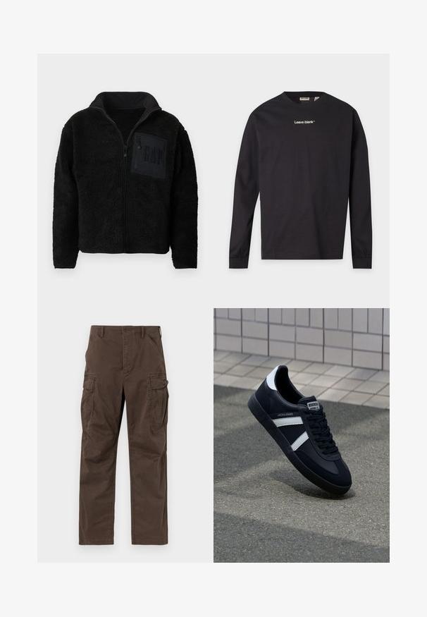 Veste polaire noire zippée avec tissu texturé et une poche poitrine zippée arborant un discret logo "GAP".; T-shirt noir à manches longues avec col rond et texte blanc "Leave blank" centré sur la poitrine, affiché sur un fond gris clair uni.; Pantalon cargo marron à jambes droites avec poches à rabat latérales, poches avant inclinées, passants pour ceinture et fermeture par bouton.; Sneaker en cuir noir avec des rayures blanches, semelle en caoutchouc texturée et devant à lacets. Présente une étiquette de marque sur la languette.