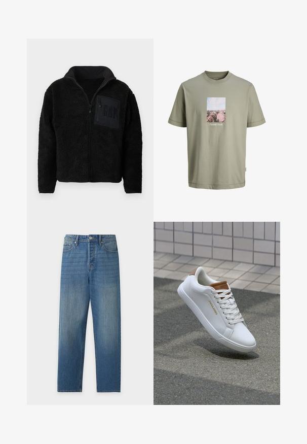 Veste polaire noire zippée avec tissu texturé et une poche poitrine zippée arborant un discret logo "GAP".; T-shirt vert olive clair à manches courtes avec une impression rectangulaire de rochers roses et ciel centrée sur la poitrine, avec un petit texte blanc sous l'impression.; Jean bleu droit avec bouton et fermeture éclair à l'avant, avec poches avant et arrière, présenté sur un fond clair uni.; Baskets en cuir blanc avec une texture lisse, accent beige au niveau du talon, logo doré sur le côté et semelle en caoutchouc avec une adhérence texturée.
