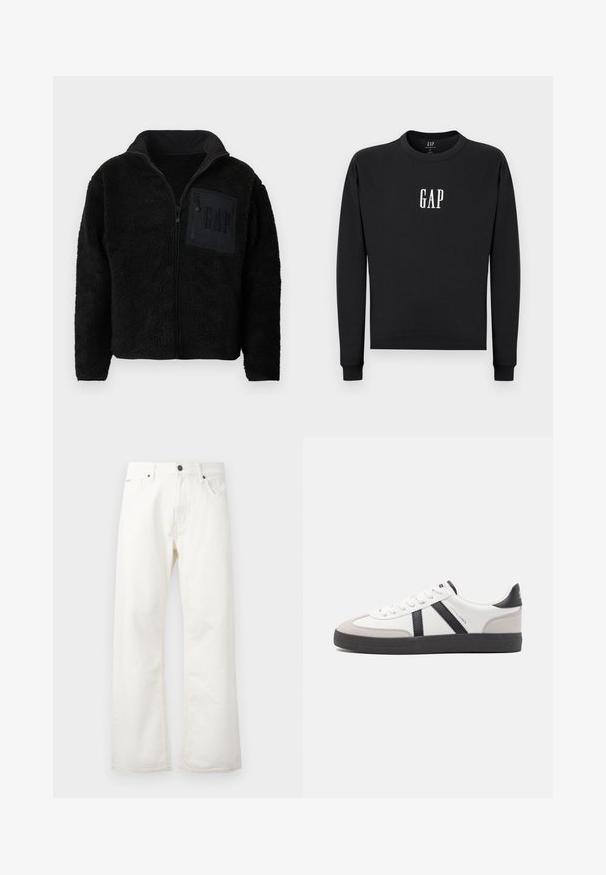 Veste polaire noire zippée avec tissu texturé et une poche poitrine zippée arborant un discret logo "GAP".; Sweatshirt noir en tissu doux, doté d'un col rond et de manches longues. Logo "GAP" imprimé en blanc à l'avant.; Jean flare blancs en denim, avec une taille standard, des poches avant et une fermeture à bouton. Tissu texturé avec une finition nette.; Baskets blanches avec des accents noirs et gris, présentant un embout texturé gris, une semelle en caoutchouc noir et des lacets plats blancs. Design épuré, style minimaliste.