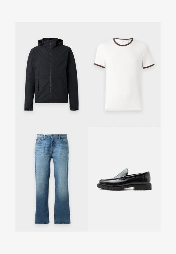 Chaqueta negra con cremallera frontal, capucha y puños elásticos. Cuenta con dos bolsillos laterales y un tejido texturizado y ligero.; Camiseta blanca de manga corta con cuello y dobladillos de las mangas en color marrón, fabricada en suave material de algodón. Diseño simple y clásico.; Jeans de mezclilla azul claro con corte recto, que presentan un acabado desgastado, cinco bolsillos y un cierre de botón con herrajes de metal.; Mocasín de cuero negro con suela de goma gruesa, empeine cosido y nombre de la marca en relieve en el talón, mostrado en perfil lateral sobre fondo blanco.