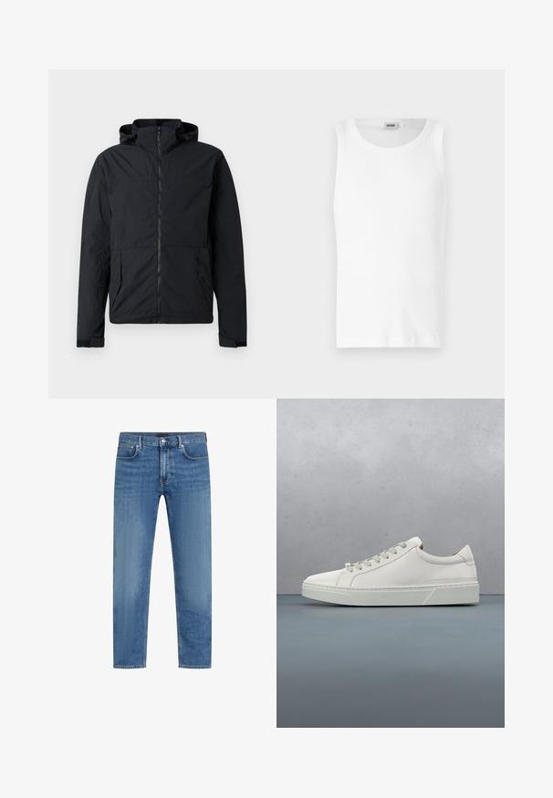 Zwarte jas met een ritssluiting aan de voorkant, capuchon en elastische manchetten. Voorzien van twee zijzakken en een textuur van lichtgewicht stof.; Witte katoenen mouwloze tanktop met een ronde halslijn en een gladde textuur. Eenvoudig ontwerp, geen patronen of accenten.; Blauwe recht gesneden denim jeans met vijf zakken, knoop- en ritssluiting, en subtiele vervaging op de dijen.; Witte leren sneaker met een ronde neus, minimalistisch ontwerp, grijze veters en een gestructureerde grijze rubberen zool. Fijne stikdetails zichtbaar.