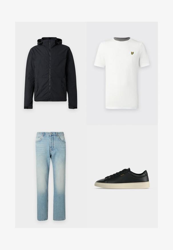 Zwarte jas met een ritssluiting aan de voorkant, capuchon en elastische manchetten. Voorzien van twee zijzakken en een textuur van lichtgewicht stof.; Wit katoenen t-shirt met een ronde hals, korte mouwen en een grijze halsboord; heeft een klein geel geborduurd logo op de borst.; Lichtblauwe jeans van denim, met een rechte pijpdesign, vijf zakken en een vervaagde was-effect op de dijen.; Zwarte lage leren sneaker met witte zool, zwarte veters en klein gouden BOSS-logo aan de zijkant.