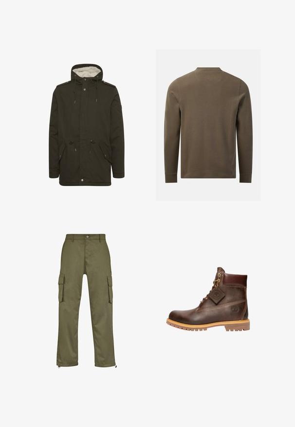 Parka de couleur vert foncé avec une doublure en peluche blanche, des poches avant, une taille à cordon de serrage et des fermetures à boutons-pression. Fabriquée en tissu résistant.; Chemise texturée vert olive à manches longues, vue de dos avec un col rond et des poignets simples sur fond blanc.; Pantalons cargo verts olive avec une coupe droite, deux poches latérales et des fermetures éclair au niveau des chevilles. Fabriqués à partir de tissu durable.; Bottine marron en cuir avec col rembourré, laçage frontal, semelle robuste, et logo Timberland visible sur le côté et sur l'étiquette attachée.
