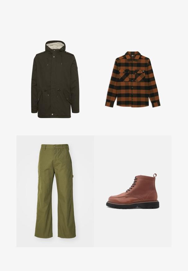 Parka de couleur vert foncé avec une doublure en peluche blanche, des poches avant, une taille à cordon de serrage et des fermetures à boutons-pression. Fabriquée en tissu résistant.; Chemise à manches longues en motif écossais orange et noir, fabriquée dans un tissu texturé. Comprend deux poches poitrine et une fermeture à boutons.; Pantalons larges vert olive en tissu durable, dotés d'une fermeture à bouton, de poches latérales et d'un design à ourlet droit.; Bottes chelsea en cuir marron avec un bout arrondi, un système de laçage à l'avant et une surface texturée, dotées d'une languette et d'une semelle noire robuste.