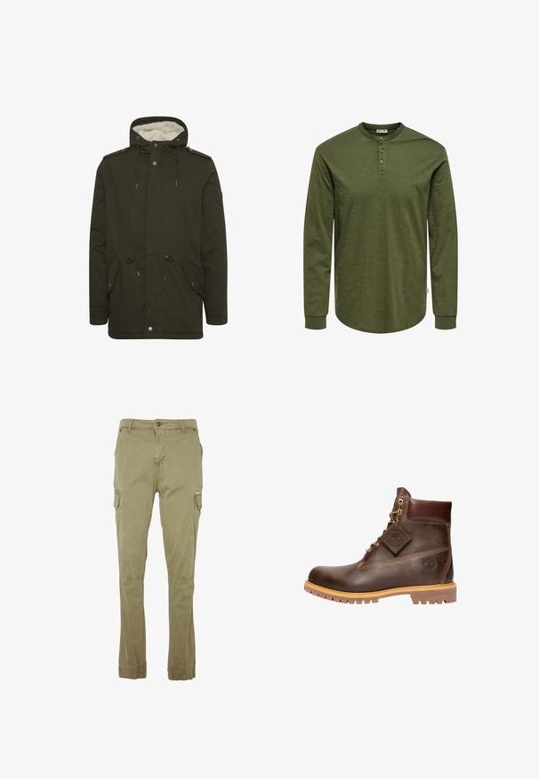 Parka de couleur vert foncé avec une doublure en peluche blanche, des poches avant, une taille à cordon de serrage et des fermetures à boutons-pression. Fabriquée en tissu résistant.; Chemise vert olive à manches longues avec un col henley, trois boutons et un ourlet incurvé. Confectionnée dans un tissu doux et texturé avec des poignets ajustés.; Pantalons cargo en kaki, en mélange de coton. Présentent plusieurs poches latérales, une fermeture à bouton et des poignets élastiques aux chevilles.; Bottine en cuir marron avec un bout rond, une semelle robuste, des éléments en doré et un dessus texturé. Comprend une étiquette de logo attachée.