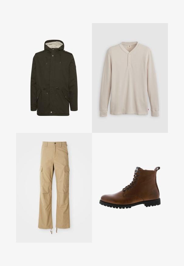 Mørkegrøn parka-jakke med en blød hvid foring, frontlommer, snøre i taljen og trykknaplukninger. Fremstillet af slidstærkt stof.; Langærmet henley-skjorte i lys beige ribbet stof, med V-hals, tre-knap placket og manchetter ved ærmerne. Rød logo-tags ved kanten.; Khaki cargo bukser lavet af slidstærkt stof, der har flere sidelommer, en lige ben-design og justerbare snore i kanten.; Brune læder ankelstøvler med tekstureret overflade, metaløjer og sort gummisål. Har en træktab bagpå for nem påtagning.