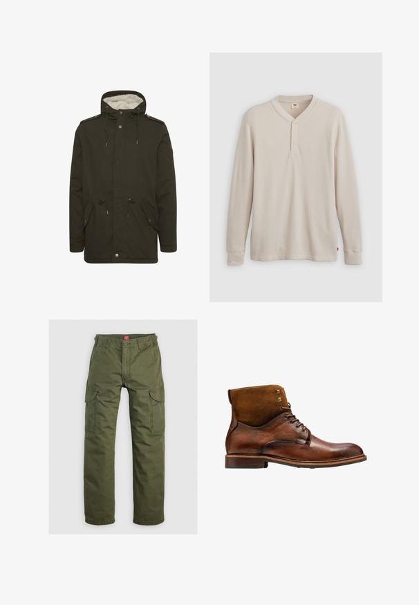 Mørkegrøn parka-jakke med en blød hvid foring, frontlommer, snøre i taljen og trykknaplukninger. Fremstillet af slidstærkt stof.; Langærmet henley-skjorte i lys beige ribbet stof, med V-hals, tre-knap placket og manchetter ved ærmerne. Rød logo-tags ved kanten.; Olivengrønne cargo bukser lavet af slidstærkt stof, med sidelommer, knaplukning og lige ben design.; Kazar ALID - Snørestøvletter - brown