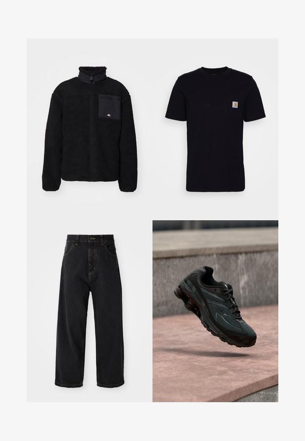 Ellesse VITERBO - Winterjas - black; Zwarte katoenen t-shirt met korte mouwen, ronde hals en een borstzak met een klein, vierkant logo patch. Eenvoudig, stevig ontwerp.; Zwarte wijde denim jeans met hoge taille, voorste knoop, rits en gele stiksels op de zakken en naden.; Zwarte atletische sneaker met zichtbare luchtgeveerde tussenzool die boven een roze stenen oppervlak zweeft met een grijze stenen muur op de achtergrond.