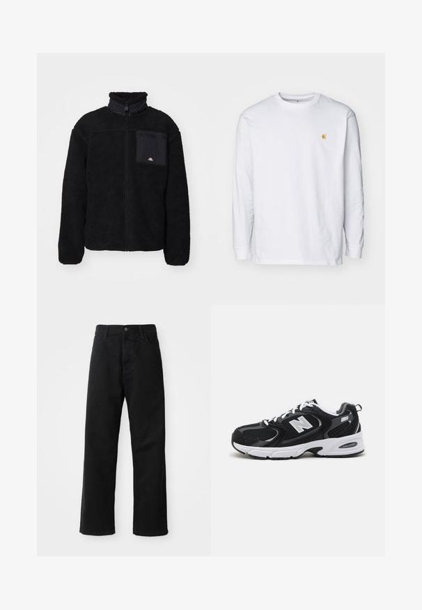 Ellesse VITERBO - Winterjas - black; Witte lange mouwen t-shirt van katoen. Voorzien van een klein gouden logo op de borst en een ronde hals. Eenvoudig ontwerp en standaard pasvorm.; Zwarte denim broek met een rechte pasvorm, voorzien van voorzakken, een rits en een enkele bovenste knoop. Gestructureerde stof met een matte afwerking.; Zwarte en grijze sport schoenen met een bovenwerk van mesh en suede, voorzien van een witte tussenzool, veters en een gedurfde "N"-logo aan de zijkant.