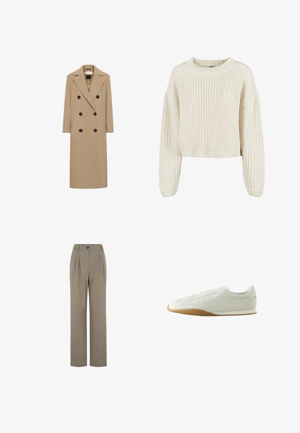 Beige uldblanding dobbeltbrystet frakke med notch revers, sorte knapper og sidelommer. Lige snit og mellemlang design. Foret indeni.; Chunky strik creme trøje med rund halsudskæring, brede ærmer, ribbede manchetter og et struktureret mønster. Korte design.; Beige skræddersyede bukser lavet af glat stof med en bred benudskæring, der har plisseringer, en central fold og en enkelt knaplukning.; Hvid lav sneaker med brun gummisål, syningsdetaljer, snørelukning foran og broderet logo på siden.