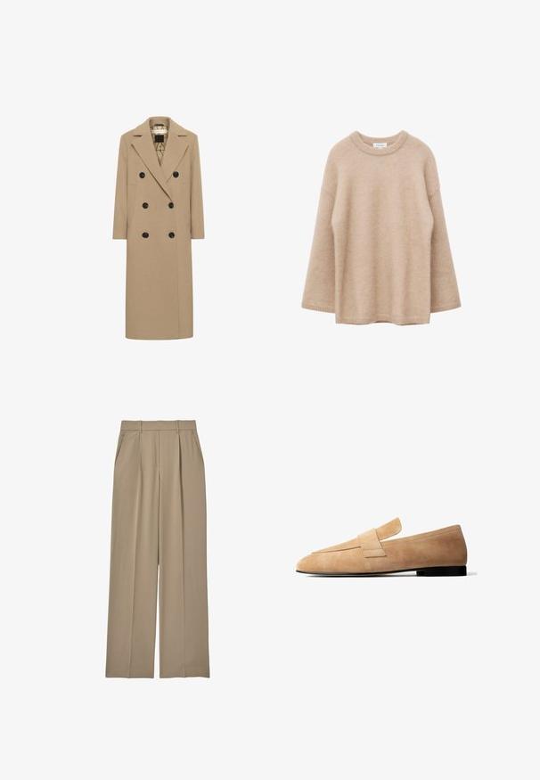 Beige uldblanding dobbeltbrystet frakke med notch revers, sorte knapper og sidelommer. Lige snit og mellemlang design. Foret indeni.; Beige langærmet sweater med rund hals, blød og fnugget tekstur og løs pasform, vist mod en hvid baggrund.; Reiss EDEN HALF ELASTICATED WIDE LEG - Bukser - mink neutral; Lysebrun ruskindsløs loafer med en lav sort hæl og en bred remdetalje tværs over toppen, vist i sideprofil på hvid baggrund.