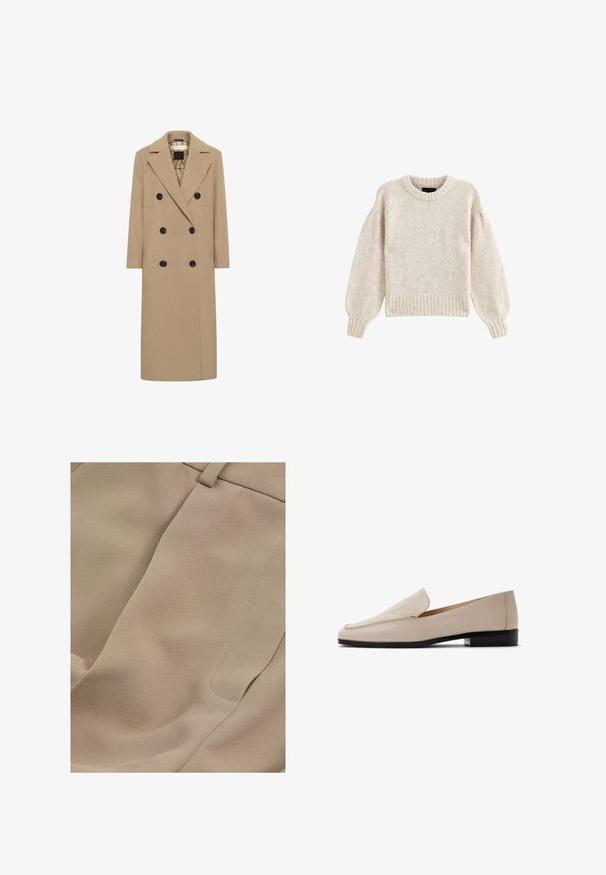 Beige uldblanding dobbeltbrystet frakke med notch revers, sorte knapper og sidelommer. Lige snit og mellemlang design. Foret indeni.; Lys beige strikket sweater med rund halsudskæring, ribbet kant og voluminøse ærmer. Blød tekstur og afslappet pasform.; Reiss PETITE FIT - EDEN ELASTICATED WAIST WIDE - Bukser - mink neutral; Beige læderloafers med en glat tekstur, rund tå og minimal syning. Med en lav sort hæl og slip-on design.