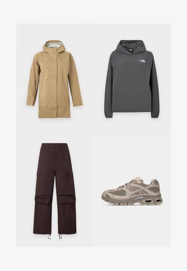 Imperméable long beige avec capuche, fermeture éclair frontale recouverte d'un rabat, et manches longues, présenté sur un fond blanc.; Sweat à capuche gris en polaire avec une coupe décontractée, des poignets côtelés et un petit logo blanc sur la poitrine gauche. Texture douce et design simple.; Pantalons cargo marron foncé avec une taille élastique, deux poches latérales et des ourlets à cordon de serrage. Fabriqués à partir d'un tissu résistant avec une coupe décontractée.; Chaussure de sport beige avec tige en mesh, accents moulés, bout arrondi et amorti d'air visible dans la semelle. Lacets de couleur neutre.