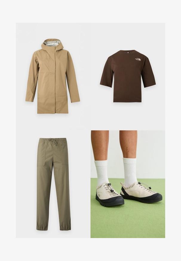 Imperméable long beige avec capuche, fermeture éclair frontale recouverte d'un rabat, et manches longues, présenté sur un fond blanc.; T-shirt marron à manches courtes avec un col rond et le logo The North Face imprimé en blanc sur la partie supérieure gauche de la poitrine.; Pantalon vert olive en tissu lisse avec une ceinture élastique, un cordon de serrage ajustable et des poignets élastiques aux chevilles.; Des chaussures beiges avec des accents noirs, des panneaux latéraux en maille et un système de laçage sécurisé à réglage rapide. Semelles en caoutchouc épaisses avec un motif de semelle. Portées avec des chaussettes blanches.