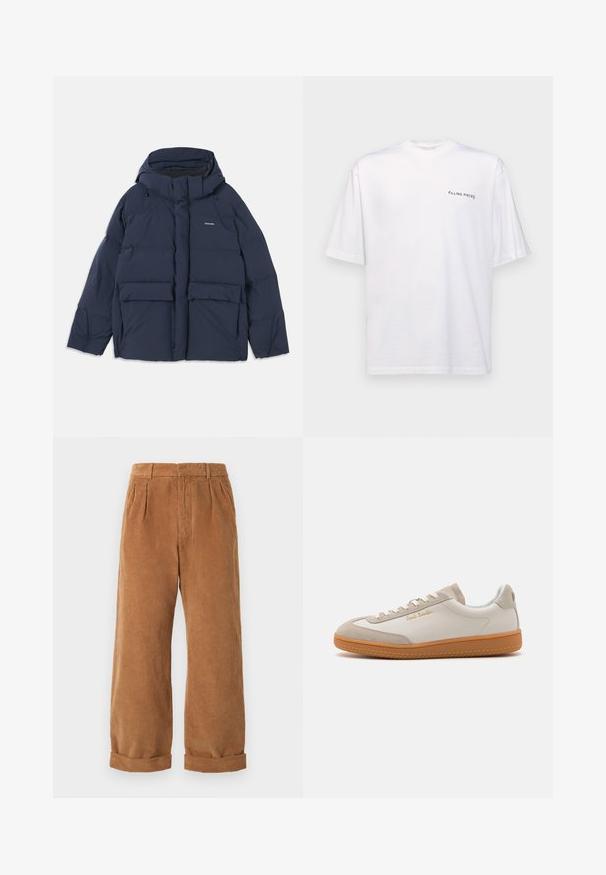 Doudoune bleu marine avec capuche, dotée de deux grandes poches avant et d'une fermeture éclair. Le matériau semble lisse et isolant.; T-shirt blanc à manches courtes en coton avec un col en V, présentant un logo noir "FILLING PIECES" imprimé sur le côté gauche.; Pantalons en velours côtelé marron avec une coupe évasée, dotés de plis à l'avant et de ourlets retroussés. Le tissu a un aspect texturé et côtelé.; Baskets basses blanches et beiges avec semelle en caoutchouc, lacets blancs, détails en daim et logo doré "Paul Smith" sur le côté.