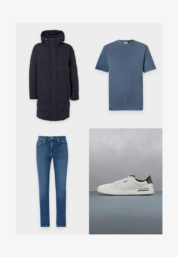 Marineblauwe gewatteerde jas met een capuchon, horizontaal gestikte ontwerp, twee zijzakken en knoopsluitingen. Gemaakt van textuur, geïsoleerd materiaal.; Blauwe katoenen t-shirt met een ronde hals en korte mouwen. Heeft een gladde textuur en een rechte zoom. Geen zichtbare patronen of graphics.; Donkerblauwe spijkerbroek met een rechte pasvorm, vijf zakken, een sluiting met een knoop aan de voorkant en subtiele stikseldetails. Gladde textuur, geen versieringen.; Witte lage sneaker met zwarte hiel, vetersluiting, subtiele perforaties en het "BOSS" logo aan de zijkant, getoond vanuit het zijprofiel.