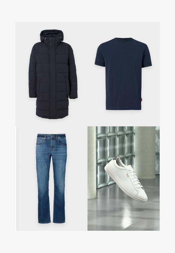 Marineblauwe gewatteerde jas met een capuchon, horizontaal gestikte ontwerp, twee zijzakken en knoopsluitingen. Gemaakt van textuur, geïsoleerd materiaal.; Kneesblauwe katoenen t-shirt met korte mouwen, ronde hals en een klein rood labelaccent aan de onderste linkerzoom. Zachte textuur, eenvoudig ontwerp.; Blauwe denim jeans met een recht model, voorzien van vijf zakken, lichte vervaging en koperen stiksels. Afgewerkt met een standaard tailleband.; Witte leren lage sneaker met veters, zwarte hielstrook en "BOSS"-logo, zwevend binnenshuis bij een glazen stenen muur en gepolijste vloer.