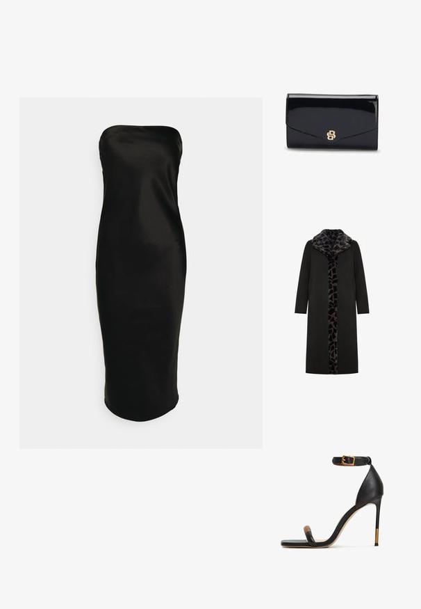 Sort lang frakke med leopard-mønstret faux fur-krave og frontpanel, med sidelommer og en slank, lige silhuet.; Gina Tricot TUBE MIDI DRESS - Cocktailkjole / festkjole - black; Sorte læder høje hæle sandaler med en tynd ankelrem med en guldbuckle, en firkantet tå og en kontrastfarvet brun tådetalje.; Skinnende sort læderclutch med gyldent sammenflettet B-logo på forsiden, vist lukket mod en hvid baggrund.