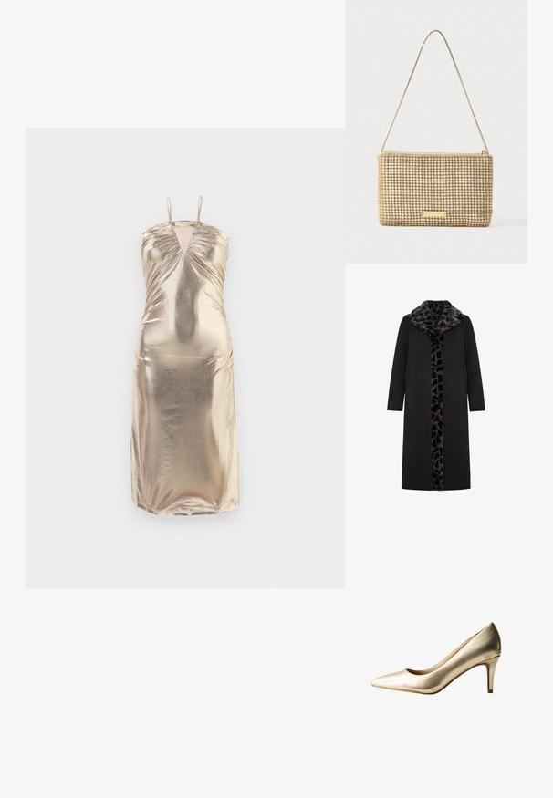 Sort lang frakke med leopard-mønstret faux fur-krave og frontpanel, med sidelommer og en slank, lige silhuet.; Metallic guldfarvet udenærmet kjole med V-hals, rynkede detaljer ved barmen og kroppen samt en tætsiddende silhuet, der når til midten af læggen.; Guldmetallic højhælede pumps med spidse tæer, glat tekstur og en slank hæl. Skoen har en subtil glans og en klassisk silhuet.; Guldfarvet clutchtaske med rektangulært design, dækket af skinnende, sølvfarvede rhinsten. Har en tynd metallisk skulderrem og lynlåslukning.