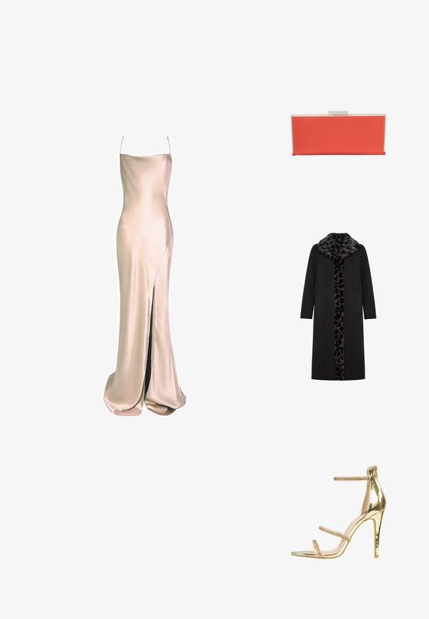Zwarte lange jas met een lederen kraag en voorpaneel met luipaardprint, voorzien van zijzakken en een slanker, recht silhouet.; True Decadence Galajurk - champagne satin; WJS Sandalen met hoge hak - gold-coloured wjs; Koraalkleurige rechthoekige clutch gemaakt van een gestructureerd materiaal met een zilverkleurig metalen frame en een druksluiting aan de bovenkant.