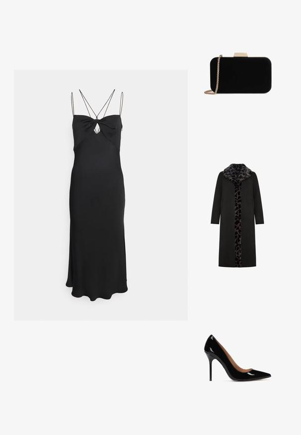 Sort lang frakke med leopard-mønstret faux fur-krave og frontpanel, med sidelommer og en slank, lige silhuet.; Calvin Klein MICRO STRAP TWIST SLIP DRESS - Cocktailkjole / festkjole - black; Sorte patenterede læderpumps med høj hæl, spids tå og slank silhuet. Har en stilettolohæl og en glat inderside.; Sort velour clutch med guldfarvede detaljer, rektangulær form og kædestrop, der har en glat tekstur og ingen synlige mønstre.