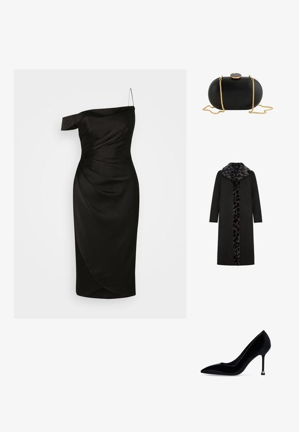 Abrigo largo negro con un collar de piel sintética de estampado de leopardo y panel frontal, que presenta bolsillos laterales y una silueta recta y elegante.; Vestido negro de un solo hombro, confeccionado en una tela suave, que presenta un corpiño ajustado con detalles fruncidos y una falda envolvente de longitud a la rodilla.; Zapato de salón de charol negro con tacón alto y delgado, punta puntiaguda y tacón de aguja estrecho, con una punta metálica en la base del tacón, sobre fondo blanco.; Bolso de mano tipo clutch ovalado negro con superficie lisa, correa de cadena dorada y cierre redondo negro y dorado en la parte superior sobre un fondo blanco.