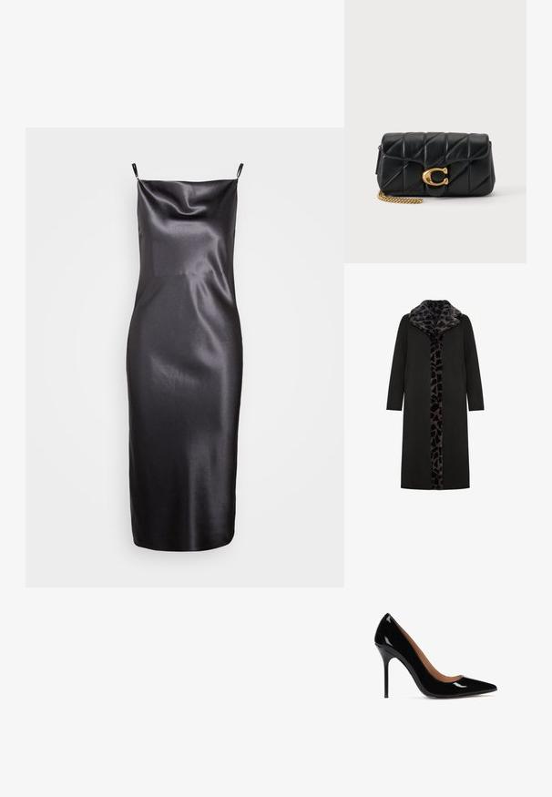 Sort lang frakke med leopard-mønstret faux fur-krave og frontpanel, med sidelommer og en slank, lige silhuet.; Samsøe Samsøe FREDERICKA LONG DRESS - Cocktailkjole / festkjole - ombre dark; Sorte patenterede læderpumps med høj hæl, spids tå og slank silhuet. Har en stilettolohæl og en glat inderside.; Sort quiltet læderclutch med guldfarvet metal kæde og stor guldfarvet "C" logo lukning på frontklappen.