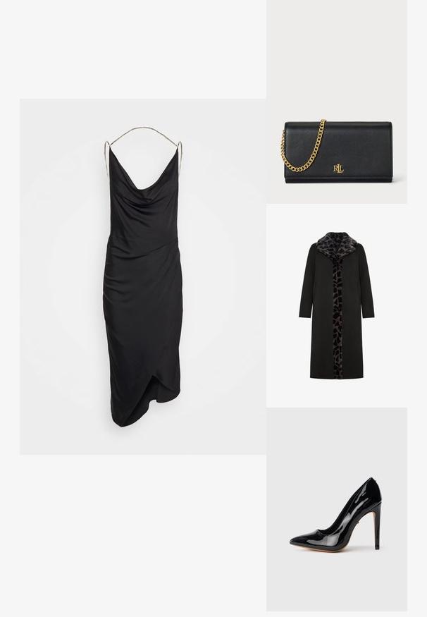 Sort lang frakke med leopard-mønstret faux fur-krave og frontpanel, med sidelommer og en slank, lige silhuet.; Et Ochs ILA CHAIN COWL NECK MIDI DRESS - Cocktailkjole / festkjole - black; Sort laklæder højhælet pumptoe med spids snude, slank silhuet og en tynd stilethæl på 4 tommer. Glat, blank overflade.; Sort læderpung med en guld kædestrop, der har et guld logo foran. Minimalistisk design med en glat overflade og slank form.