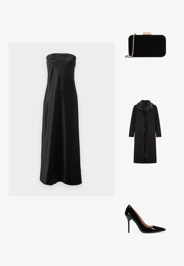 Abrigo largo negro con un collar de piel sintética de estampado de leopardo y panel frontal, que presenta bolsillos laterales y una silueta recta y elegante.; Vestido largo sin mangas de satén negro, con un diseño sencillo, textura suave y silueta fluida.; Zapato de tacón alto de charol negro con punta afilada y silueta elegante. Cuenta con un tacón de aguja y un interior suave.; Clutch de terciopelo negro con herrajes en tono dorado, de forma rectangular y con correa de cadena, que presenta una textura suave y sin patrones visibles.