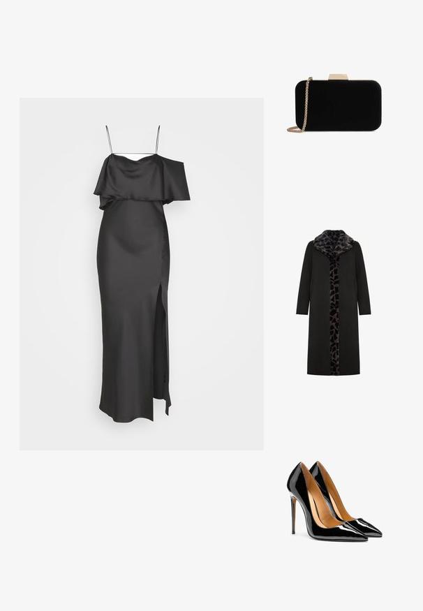 Sort lang frakke med leopard-mønstret faux fur-krave og frontpanel, med sidelommer og en slank, lige silhuet.; Weekday ELIA OFF SHOULDER DRESS - Gallakjole - anthracite grey; Par af blanke sorte højhælede sko i laklæder med spids tå og stiletter samt lysebrun indvendig foret på hvid baggrund.; Sort velour clutch med guldfarvede detaljer, rektangulær form og kædestrop, der har en glat tekstur og ingen synlige mønstre.