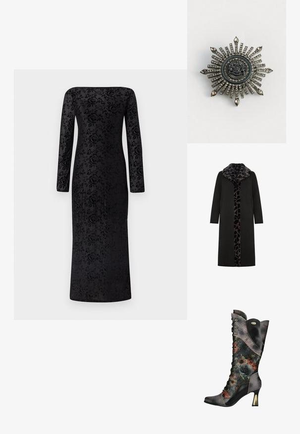 Sort lang frakke med leopard-mønstret faux fur-krave og frontpanel, med sidelommer og en slank, lige silhuet.; Sort kjole med lange ærmer med blomsterprint, lige halsudskæring og tætsiddende design, lavet af tekstureret stof. Gulvlængde silhuet.; Dame sort læder høje hæle snørebånd støvle med præget blomster mønstre og flerfarvet blomsterprint på skaftet og foden.; Stjerneformet brosche i sølvfarvet metal med klare rhinsten. Det centrale design har et rundt emblem med indviklede detaljer.